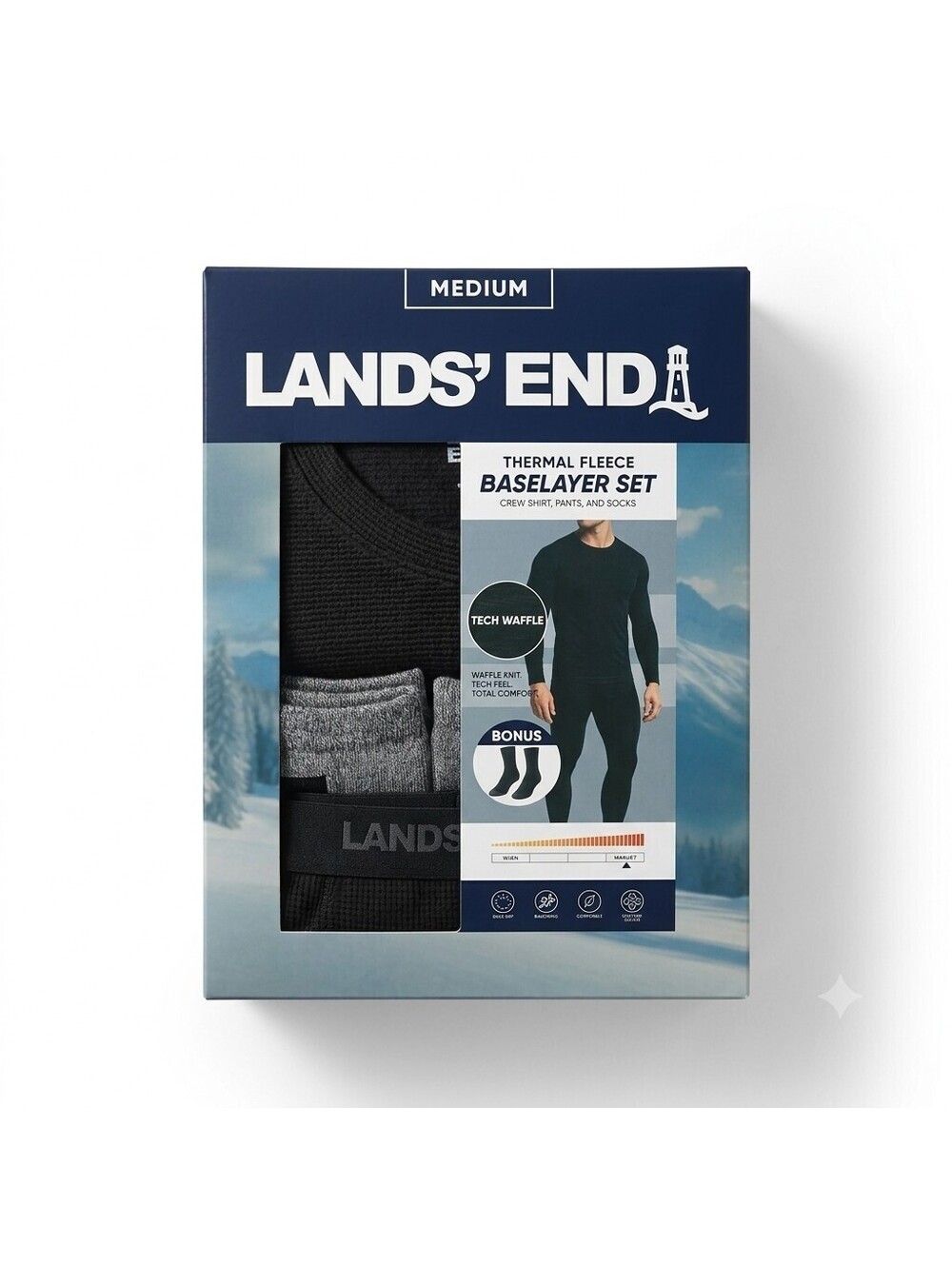 Lands End Thermal Fleece Base layer Tech Waffle Set Bonus Socks Size Medium NEW